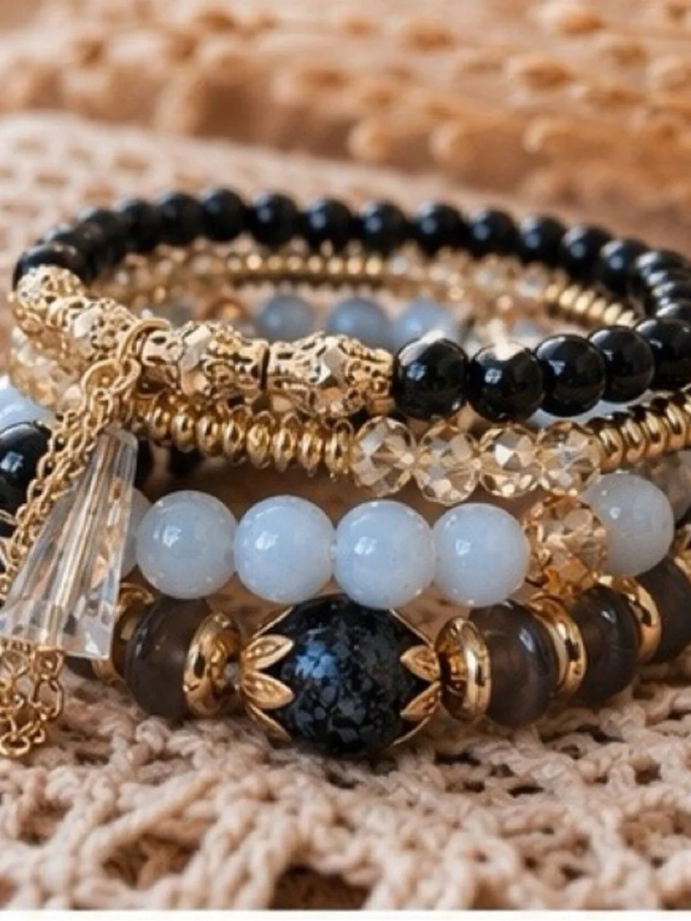Gold, Black & Light Blue Beaded Stackable Bracelet Set
